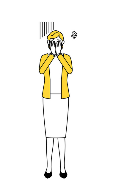 Retired seniors, middle-aged woman, covering her face in depression. - Vector, Image