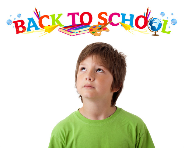 Boy looking with back to school theme isolated on white - Фото, зображення