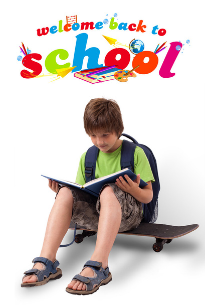 Kid on skateboard with back to school theme isolated on white - Фото, изображение