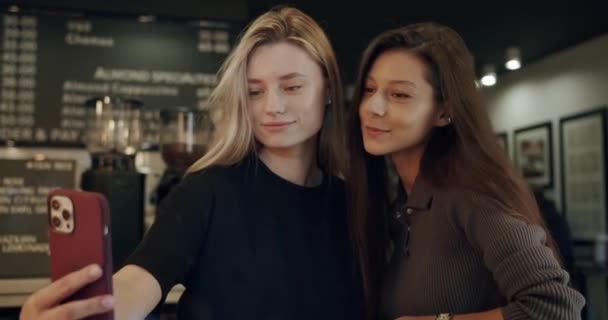 Mladé ženy berou selfie v restauraci. Nízký úhel ruční záběr mladé brunetky ukazující jazyk při pořízení selfie s šťastný přítelkyně za sklem v restauraci - Záběry, video