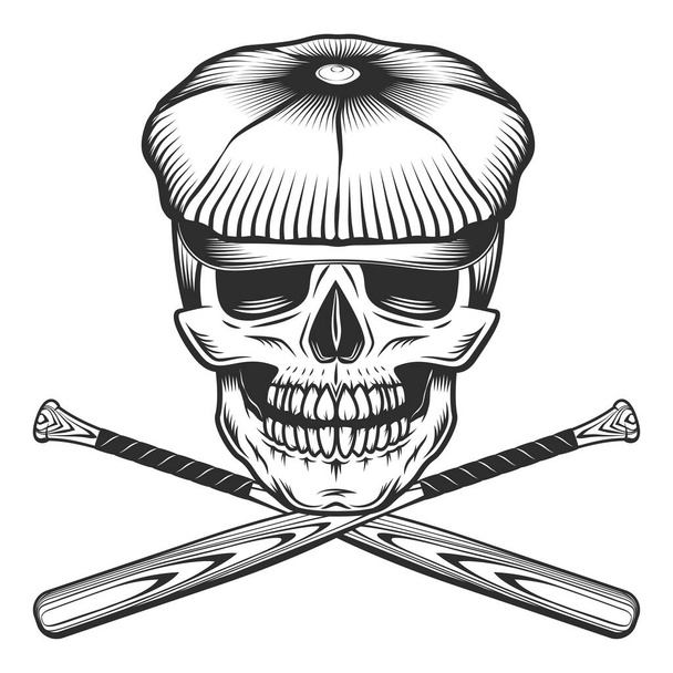Totenkopf in flacher Mütze mit Baseballschläger-Club-Emblem Design-Elemente Vorlage in Vintage-monochromen Stil isolierte Illustration - Foto, Bild