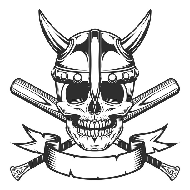 Viking skull in horned helmet and ribbon with baseball bat club emblem design elements template in vintage monochrome style isolated illustration - Foto, Bild