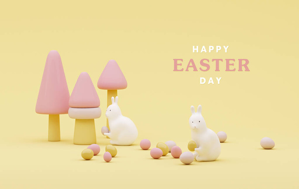Happy Easter on pastel background. Design Rabbit with Eggs. Festive spring 3d composition. Cartoon minimal style. Banner and poster, cover. 3D rendering round stage with abstract trees  - Фото, зображення