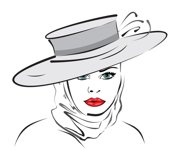 Woman with red lips, green eyes, wearing a hat and kerchief. vector. - Vector, Image