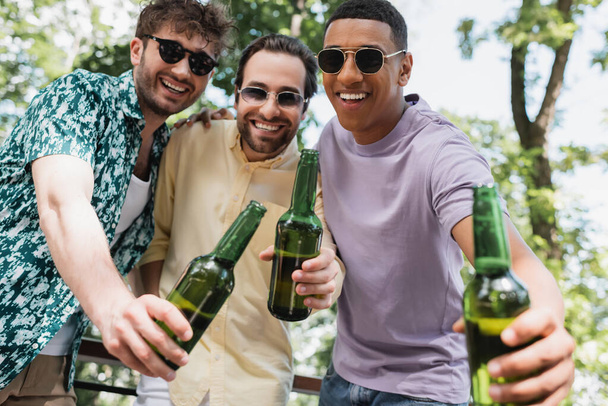 радісні багатоетнічні чоловіки в сонцезахисних окулярах тости з пивом і посміхаються на камеру в літньому парку
 - Фото, зображення