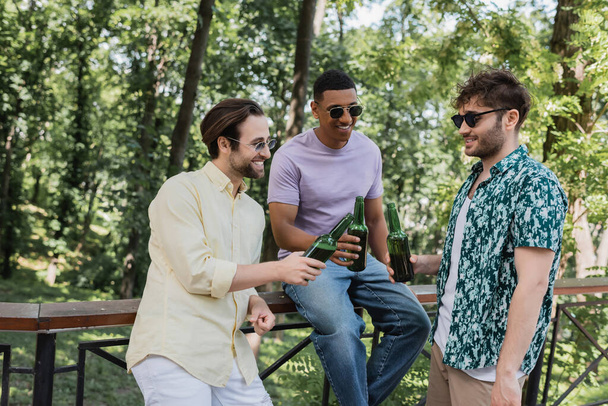 Positive interracial friends in sunglasses toasting beer in summer park  - Foto, imagen