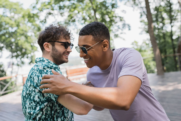 Positive multiethnic friends in sunglass meeting in summer park  - Photo, image