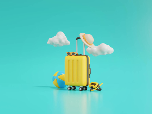 3d render of luggage bag with summer accessories, travel concept on green background. - Foto, immagini