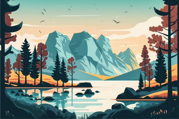 Mesmerizing Mountain Lake Scenery with Lush Trees: Flat Vector Illustration with Social Media Space - Vektor, obrázek