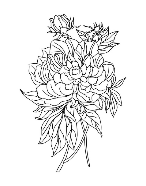 Peony November birth month flower line art vector illustration. Modern minimalist hand drawn design for logo, tattoo, packaging, card, wall art, poster. Outline drawing isolated on white background. - Vecteur, image