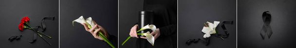 Collage of black funeral ribbons with flowers and mortuary urn on dark background - Photo, Image