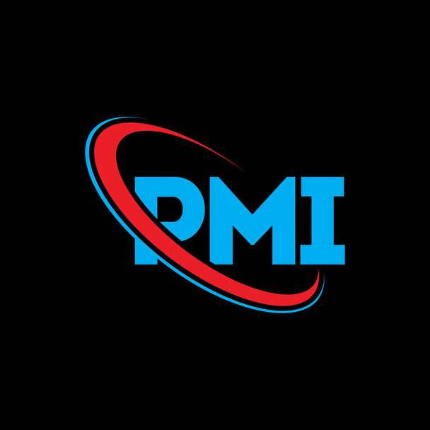 PMIロゴ。PMIの手紙。PMIレターロゴデザイン。初期のPMIロゴは、サークルと大文字のモノグラムロゴとリンクされています。テクノロジー、ビジネス、不動産ブランドのためのPMIタイポグラフィ. - ベクター画像