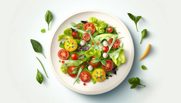 Salad with fresh vegetables on a plate, healthy food, top view. - Photo, Image