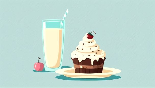 Appetizing cupcake with cream and a glass of milk, delicious dessert. - Foto, afbeelding