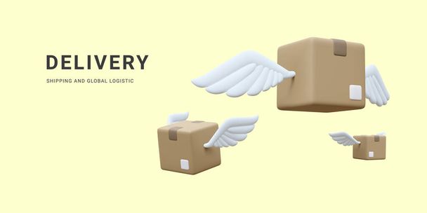 3d realistic flying cardboard boxes with wings. Parcel fast delivery service concept in cartoon style. Vector illustration. - Vector, Image