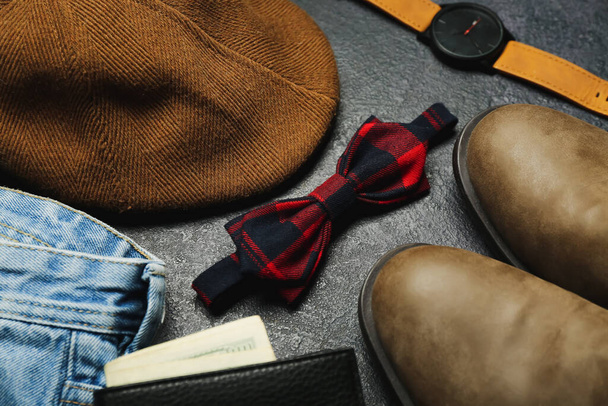 Composition with male shoes, clothes and accessories on dark background, closeup - Fotografie, Obrázek