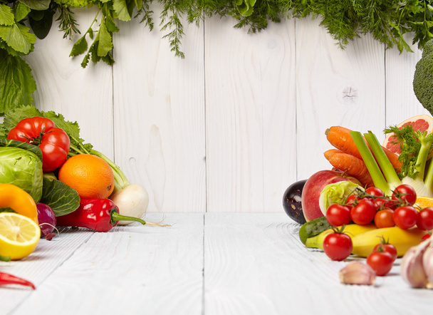 Frame with fresh organic vegetables and fruits - Photo, image