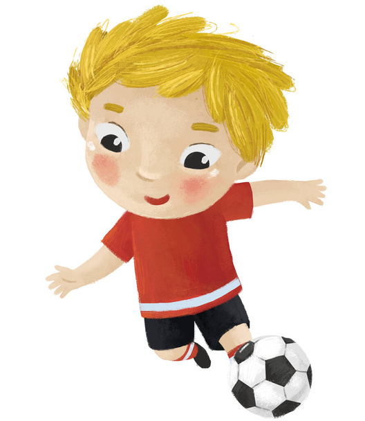 cartoon scene with kid playing running sport ball soccer football - illustration for kids - Φωτογραφία, εικόνα