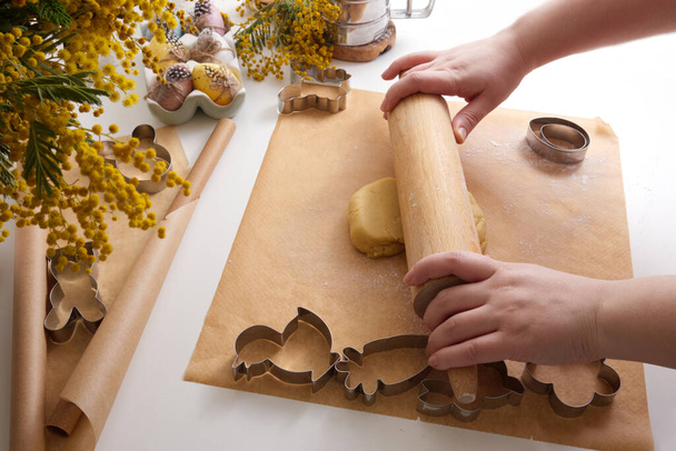 Female hands roll out the dough for Easter cookies over the table in spring decor close up - Fotó, kép