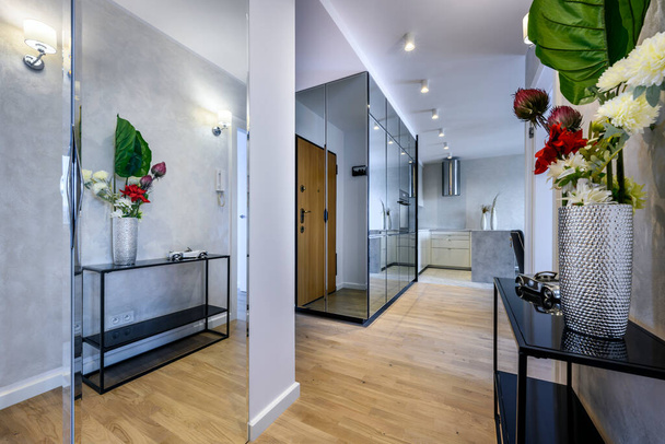 Interior design moderno corridoio, armadio nero e cucina a vista - Foto, immagini