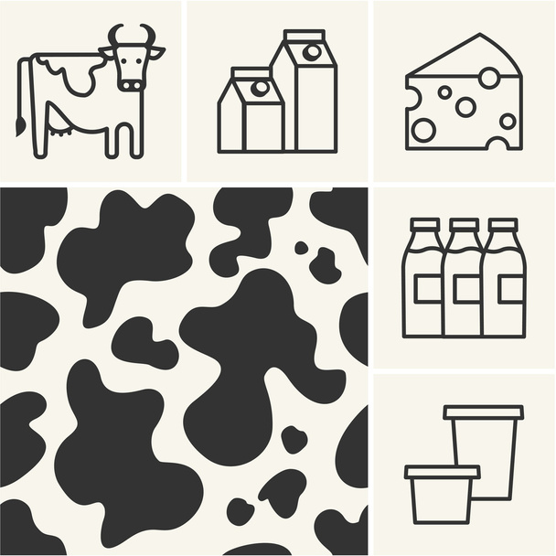 Web pictogrammen zuivel melk en koe huid naadloze patroon. - Vector, afbeelding