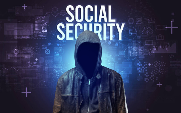 Faceless man with SOCIAL SECURITY inscription, online security concept - Foto, afbeelding