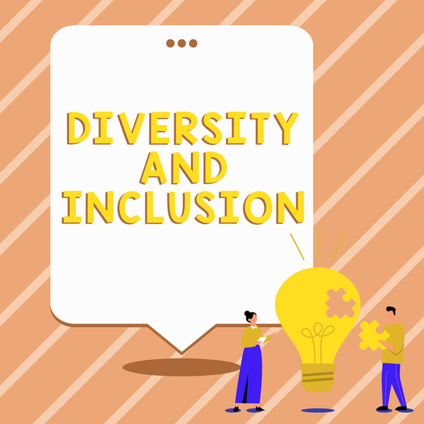 Sinal de texto mostrando diversidade e inclusão, gama de conceito de negócio diferença humana inclui raça etnia gênero - Foto, Imagem
