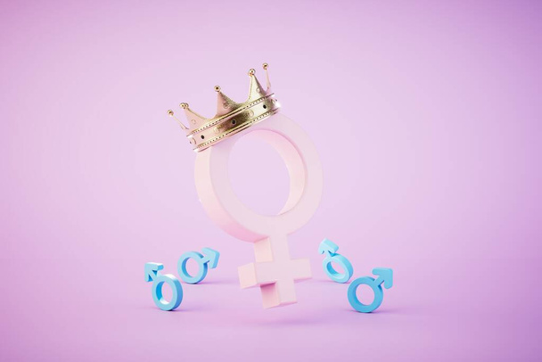 the dominance of women over men. Big woman badge in crown and small men's badges. 3D render. - Photo, Image