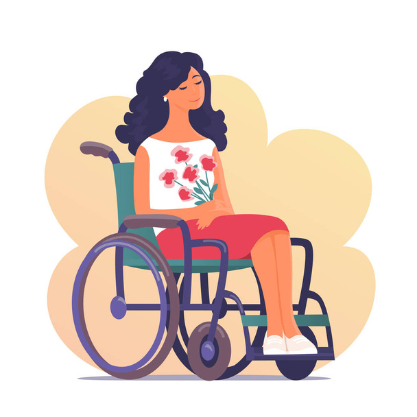 Beautiful young woman in a wheelchair. Happy girl with flowers. Caring for people with disabilities. Vector isolated cartoon illustration - Vector, Image