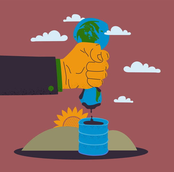 A big hand squeezes oil from the planet earth. Oil flows into the barrel. The concept of the exhaustion of minerals. Vector illustration. - Vector, Image