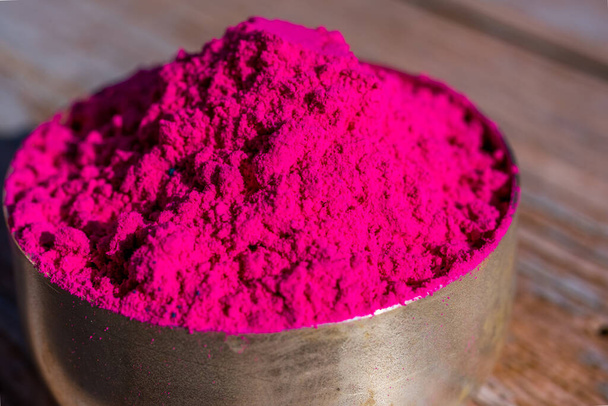 Colorful traditional holi powder in bowl. Space for text. Happy holi concept. Indian color festival called Holi. High quality photo - Photo, image