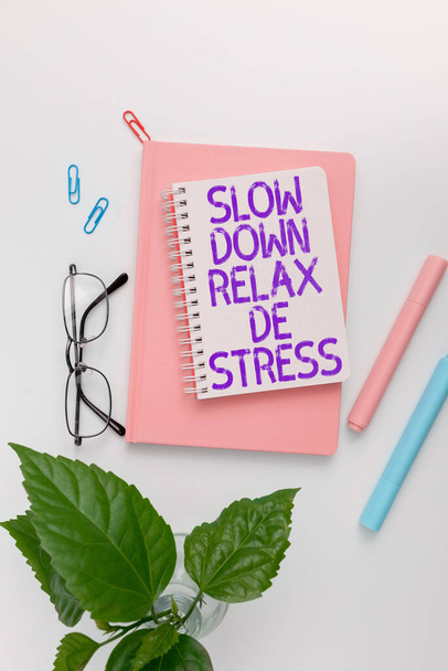 Señal de escritura a mano Reducir la velocidad Relax De Stress, enfoque de negocios Tener un descanso reducir los niveles de estrés descansar tranquilo - Foto, imagen