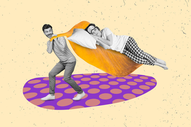 Creative photo artwork 3d concept illustration collage of two people positive guy pulling sleeping girl isolated colorful background. - Foto, Imagen