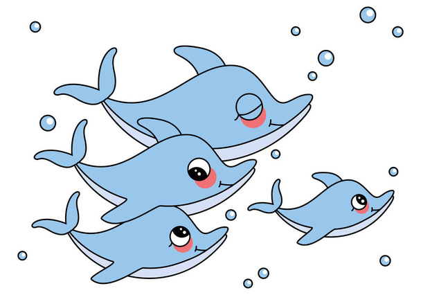 Dolphins family. Cute dolphin. Sea, ocean animals vector illustration - Vektör, Görsel