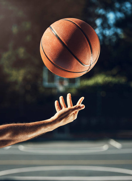 Basketball court, hands or ball texture for fitness, training or exercise for competition game or match. Zoom, sports man or basketball player ready for workout or health wellness with winner mindset. - Photo, image