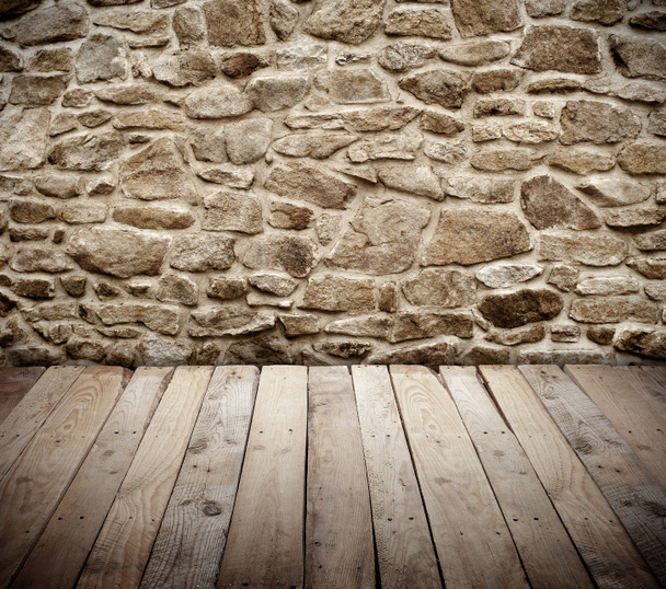πέτρινος τοίχος με ξύλινο πάτωμα - Φωτογραφία, εικόνα