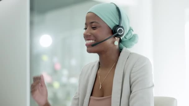 African woman, happy call center agent or international consultant talking, speaking and support or help desk. Friendly person or virtual assistant for Nigeria telecom consulting on desktop computer. - Footage, Video