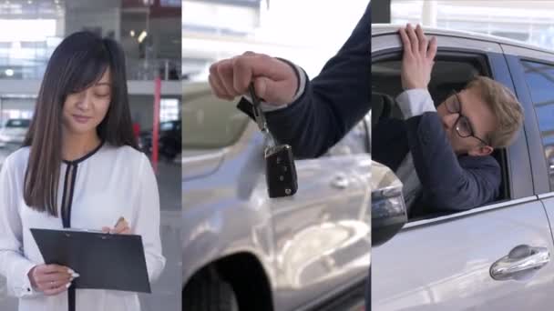 car service, female manager in auto show, hand holding keys from new automobile background of vehicle, satisfied male buyer sits in new car, collage - Footage, Video