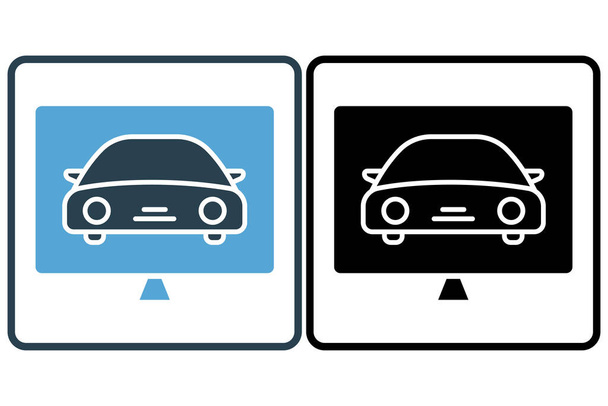 Teşhis simgesi çizimi. Dizüstü bilgisayarı olan bir araba ikonu. Araba servisi ile ilgili bir ikon, araba tamiri. Katı simge stili. Basit vektör tasarımı düzenlenebilir - Vektör, Görsel