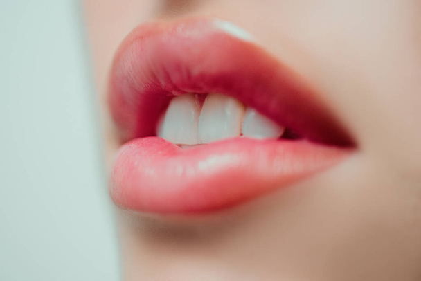 Closeup lips. Sexy makeup lip. Orthodontics and dentistry concept - Zdjęcie, obraz