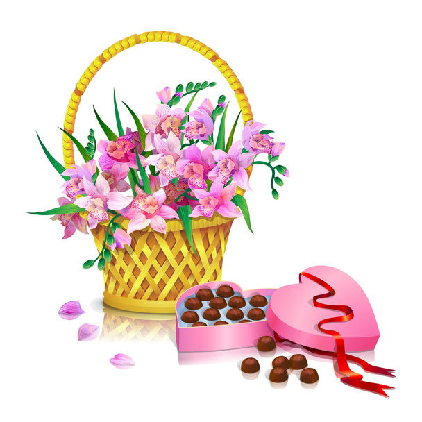 Orchideák és édességek doboz - Vektor, kép
