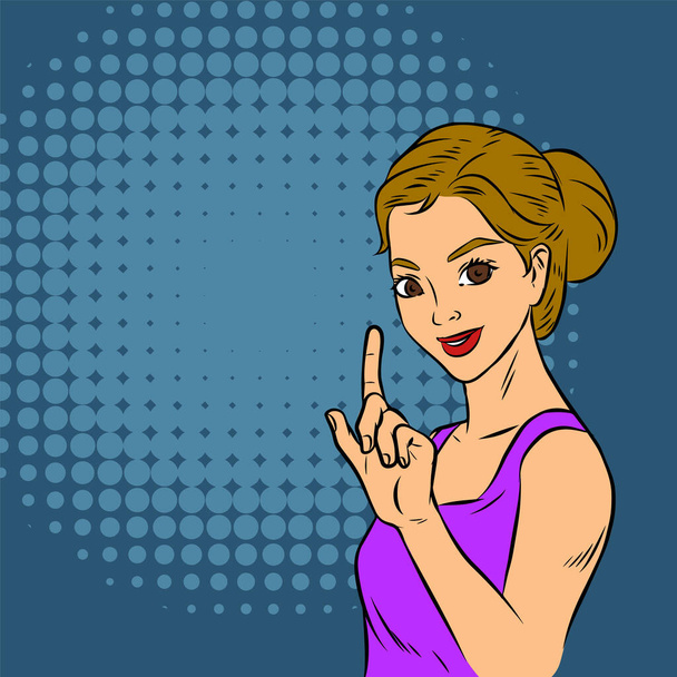 Illustration of a female model pointing finger upfront. Illustration of a casual woman in retro comic pop art style. - Vector, Image