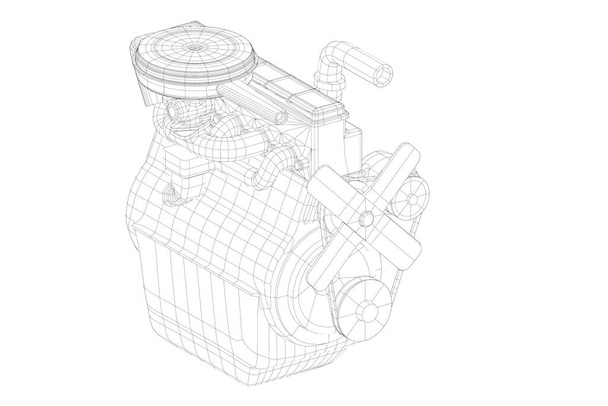 Ilustracja 3D. Rama przewodowa starego samochodu z prostym silnikiem liniowym - Zdjęcie, obraz