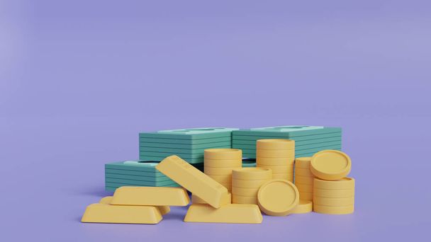 Montón de monedas de oro sobre fondo blanco con concepto de ganancias, ingresos, monedas de oro o moneda de negocios. renderizado 3d. - Foto, imagen