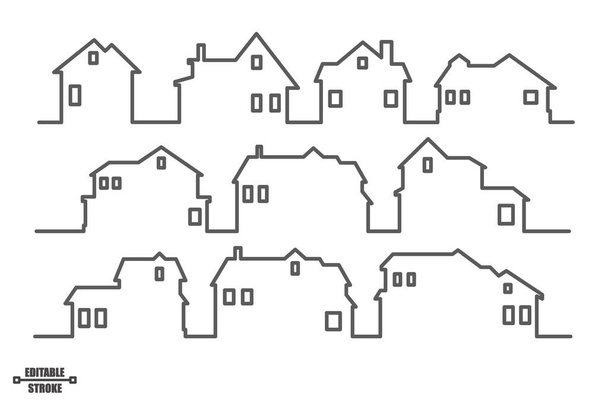 Las casas vecinales delinean paisajes panorámicos. Edificios continuos de una línea dibujando silueta. Ilustración vectorial minimalista - Vector, Imagen