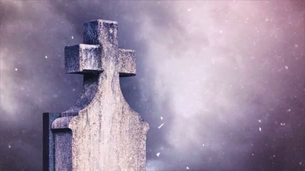 Kruis op de begraafplaats tijdens sneeuwval - Video