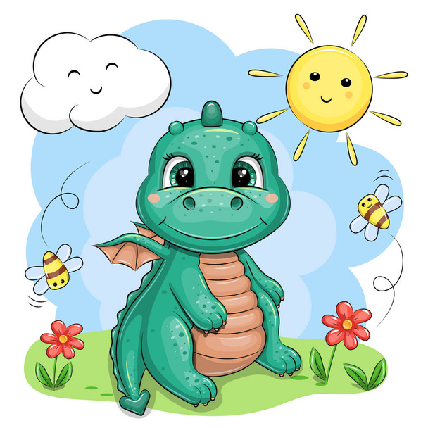 Carino cartone animato drago verde in natura. Illustrazione vettoriale di un animale con fiori, api, sole e nuvole su sfondo blu. - Vettoriali, immagini