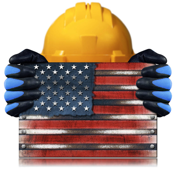 Ручной рабочий в защитных рабочих перчатках и оранжевой каске, держащий металлический национальный флаг Соединенных Штатов Америки, США (американский флаг), изолированный на белом фоне. - Фото, изображение
