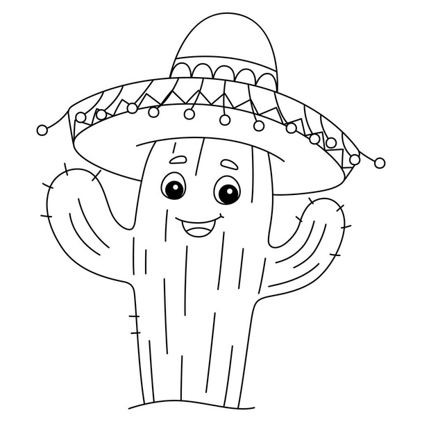 Egy aranyos és vicces színező oldal egy kaktusz Sombrero-val. Több órányi színező szórakozást biztosít a gyerekeknek. Színes ez az oldal nagyon könnyű. Alkalmas kisgyerekeknek és kisgyermekeknek. - Vektor, kép