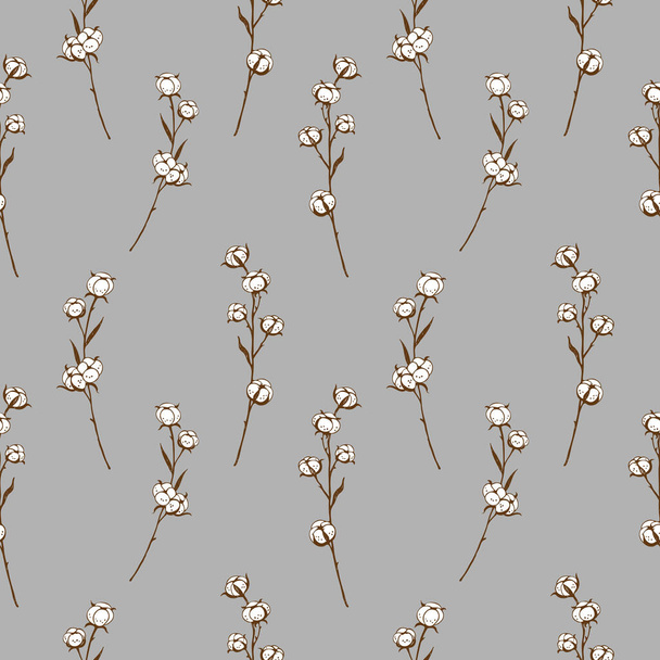 Seamless repeating pattern with cotton branches on a gray background, floral motif. Hand drawn cotton plant. Bohemian patterns. Vector - Wektor, obraz